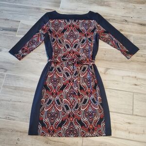 Ann Taylor Blue Red Paisley Dress Medium Boatneck Belted Shift Business Office